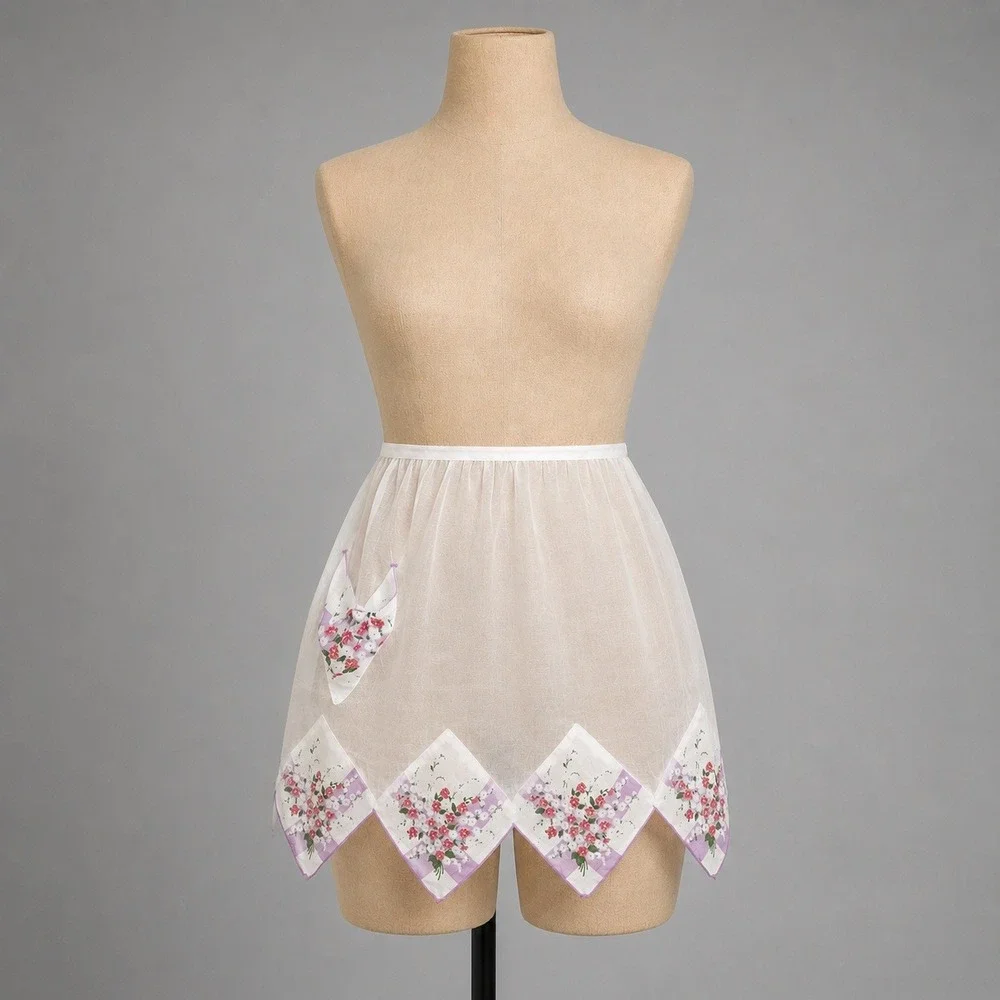 Vtg Handmade Sheer Floral Handkerchief Hem Half Apron Cottagecore Upcycled Fairy